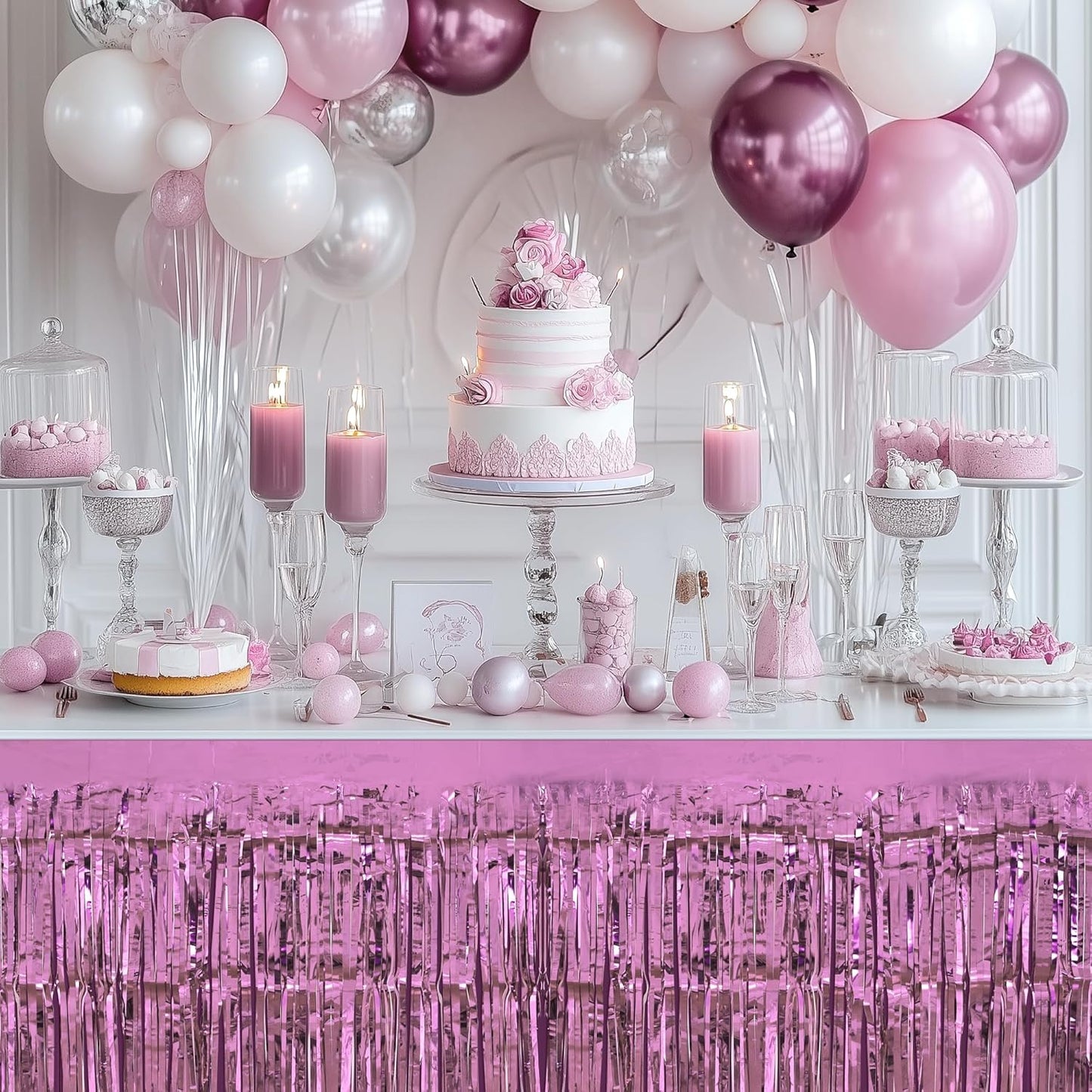 8 Pack Pink Table Skirts, 29x108" Metallic Foil Tinsel Fringe Table Skirts for Rectangle Tables Streamer Curtains Backdrop, Party Decorations for Birthdays Weddings Holidays