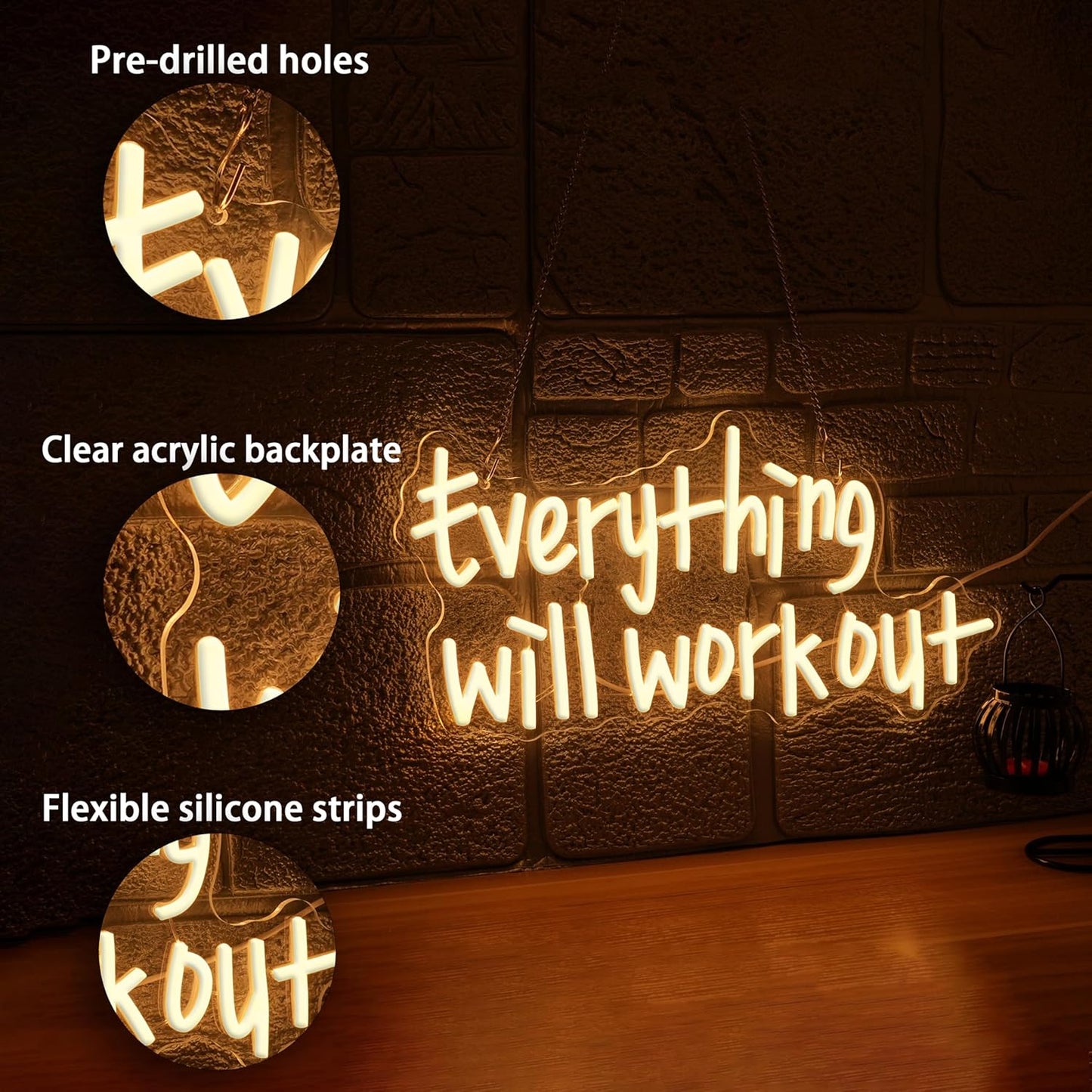 Everything Will Work Out Neon Sign,Inspirational Letter Neon Light Positive Affirmation Light up Sign for Office Bookstore Classroom(16.54 * 8.27In)
