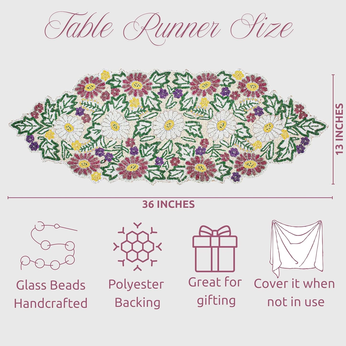 Luxury Beaded Table Runner - 13x36 Inches Handcrafted Spring Floral Design with Glass Beads & Polyester Back - Elegant Table Decor for Dining, Coffee Table & Events (Multi) - CLEENTABLE