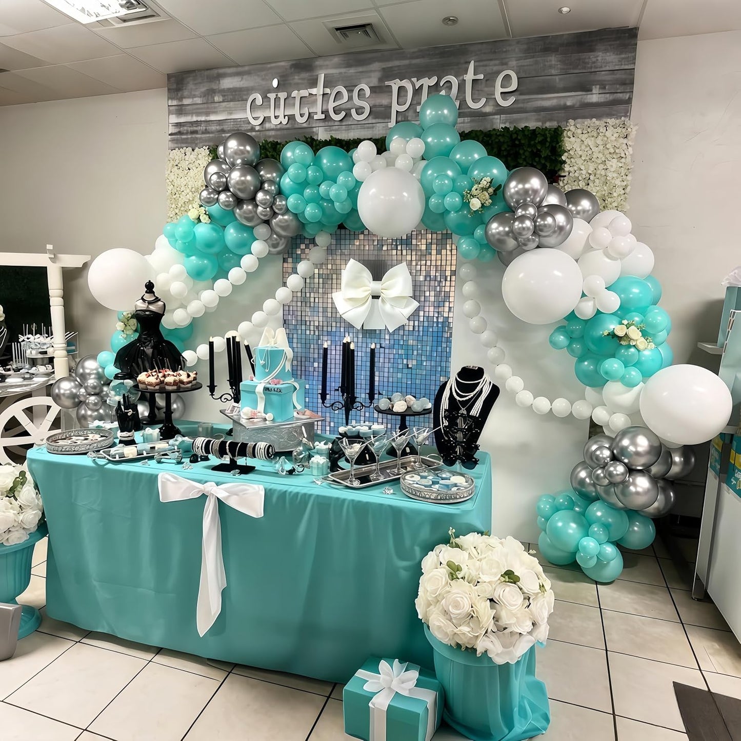 Teal Blue Silver Balloons, 35Pcs Turquoise Light Blue Mint Green Silver White Confetti Latex Balloons Set, Aqua Blue White Silver for Boys Christening Birthday Baby Shower Wedding Party Decorations