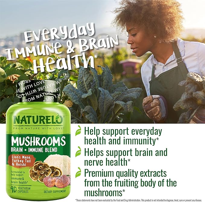 NATURELO Mushroom Supplement – Brain & Immune Health Blend with Lion’s Mane, Reishi, Turkey Tail – 90 Vegan Friendly Capsules