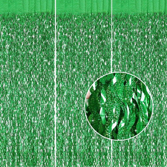 Green Foil Backdrop Curtain - CYLMFC 3 Pack 3.3 ft x 6.6 ft Birthday Streamers Party Curtains Decorations Backdrop Xmas Graduation Decor
