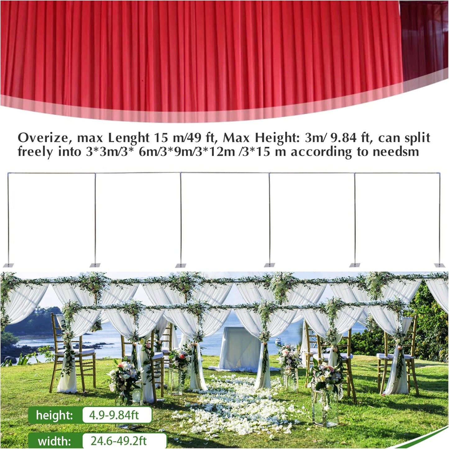 49ft*10ft Adjustable Telescopic Portable Pipe and Drape Backdrop Stand Kit Splitly, Heavy Duty Wedding Party Event Studio Photography Background Support System Trade Show Curtain Frame Stand