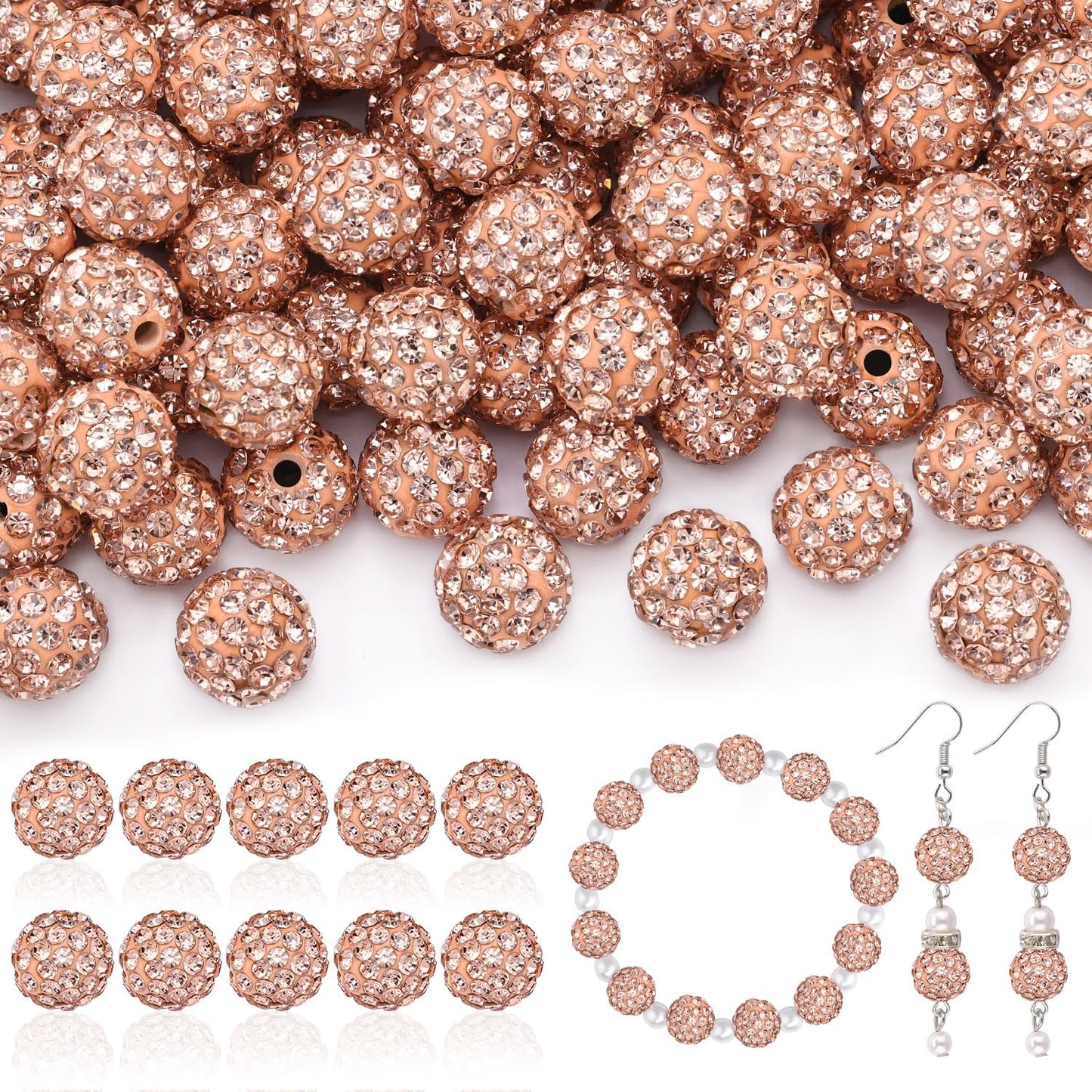160pcs 10mm Rhinestone Beads for Jewelry Making, Light Peach Shiny Round Disco Ball Beads Bulk, Sparkle Crystal Clay Christmas for Bracelet Baseball Necklace Earring Crafting and DIY