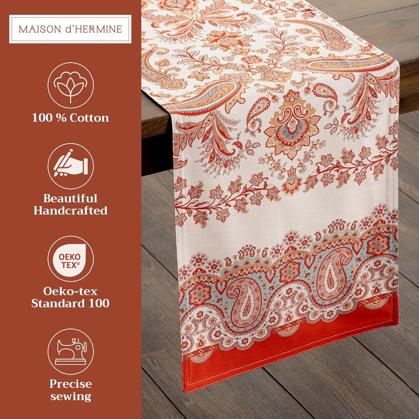 Maison d' Hermine Table Runner 100% Cotton Double Layer Table Runners 108 inches Long for Thanksgiving Christmas Decorations Home Kitchen Dining Party Wedding (Cachemire, 14.5" x 108")