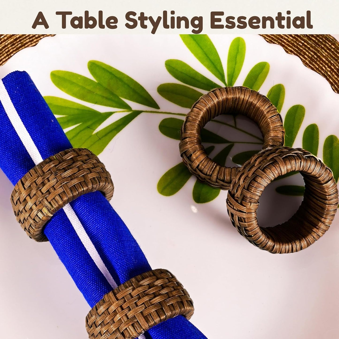 Decorative Cane Napkin Rings Set of 12 - Hand Woven Napkin Holders for Farmhouse, Rustic, Holiday, Wedding, Easter, Thanksgiving, Xmas, Boho & Fall Table Décor (Walnut) - CLEENTABLE