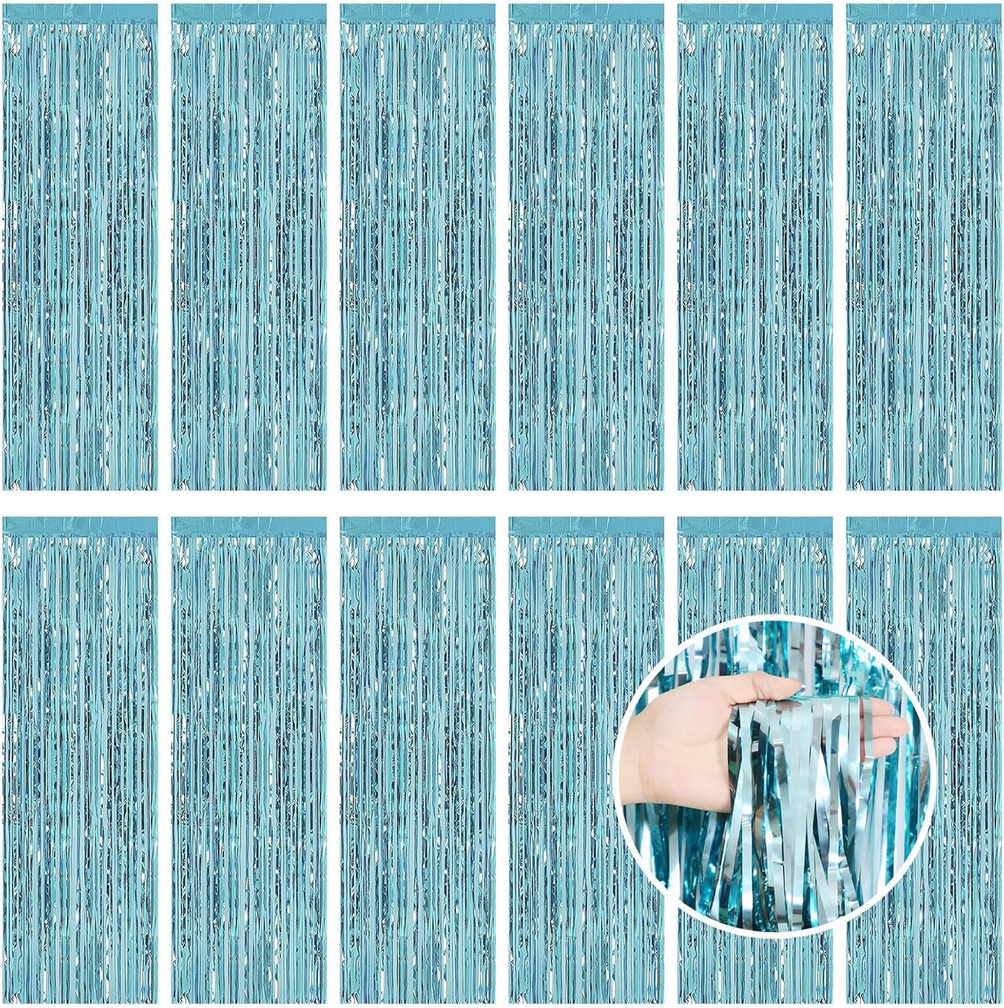 Light Blue Fringe Curtain Party Streamers, 12 Pack 3.3ft x 8.2 ft Foil Curtain Backdrop Tinsel Foil Fringe Curtains Photo Booth Backdrop Streamer for Birthday, Wedding, Baby Shower, Disco Party