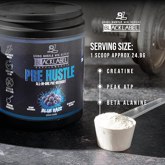 BLACKLABEL Supplements PRE Hustle V3 Pre-Workout Powder – NSF Certified for Sport – Energy, Strength & Endurance Support – Blue Razz – with Creatine & Caffeine – 30 Servings