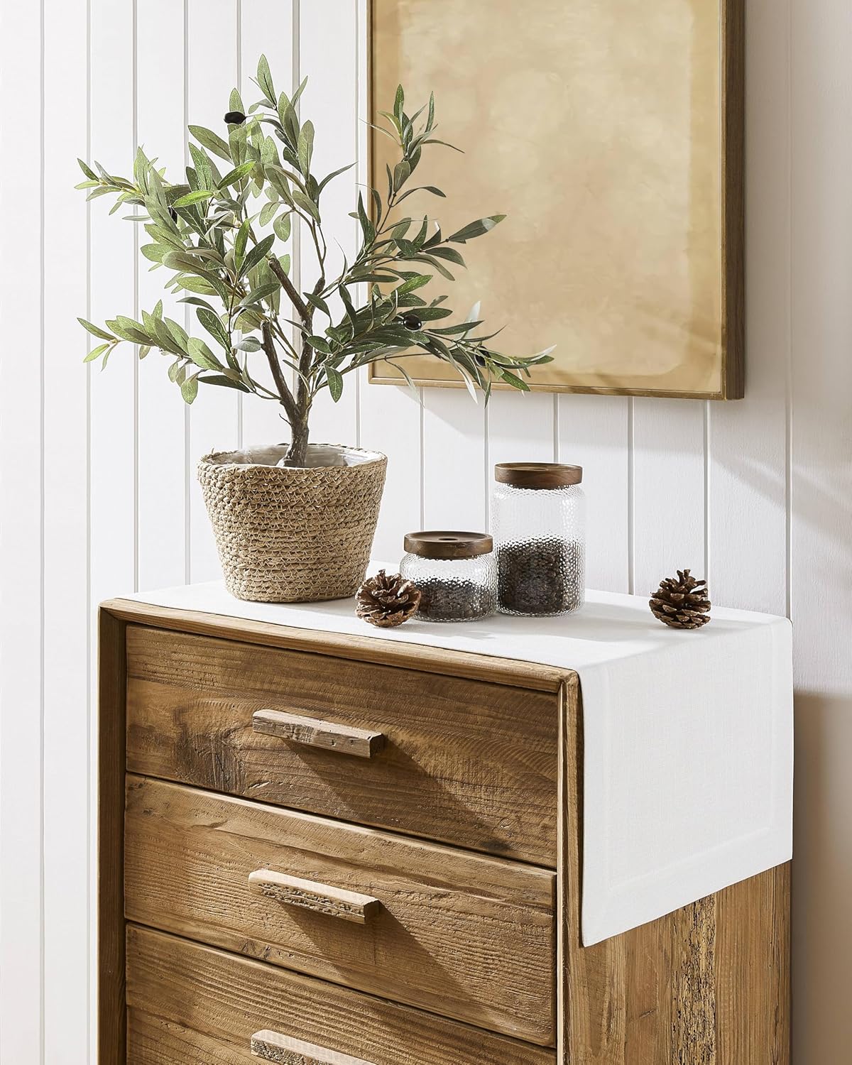 ZeeMart Linen Textured Border Table Runner, 14 x 60 Inch White, Farmhouse Style White Table Runners 60 Inches Long, Easy Care Everyday Polyester Table Runner