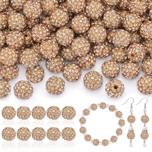 200pcs 10mm Rhinestone Beads for Jewelry Making, Light Brown Shiny Round Disco Ball Beads Bulk, Sparkle Crystal Clay Christmas for Bracelet Baseball Necklace Earring Crafting and DIY