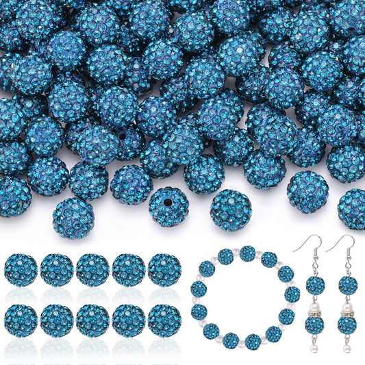 200pcs 10mm Rhinestone Beads for Jewelry Making, Blue Zircon Shiny Round Disco Ball Beads Bulk, Sparkle Crystal Clay Christmas for Bracelet Baseball Necklace Earring Crafting and DIY