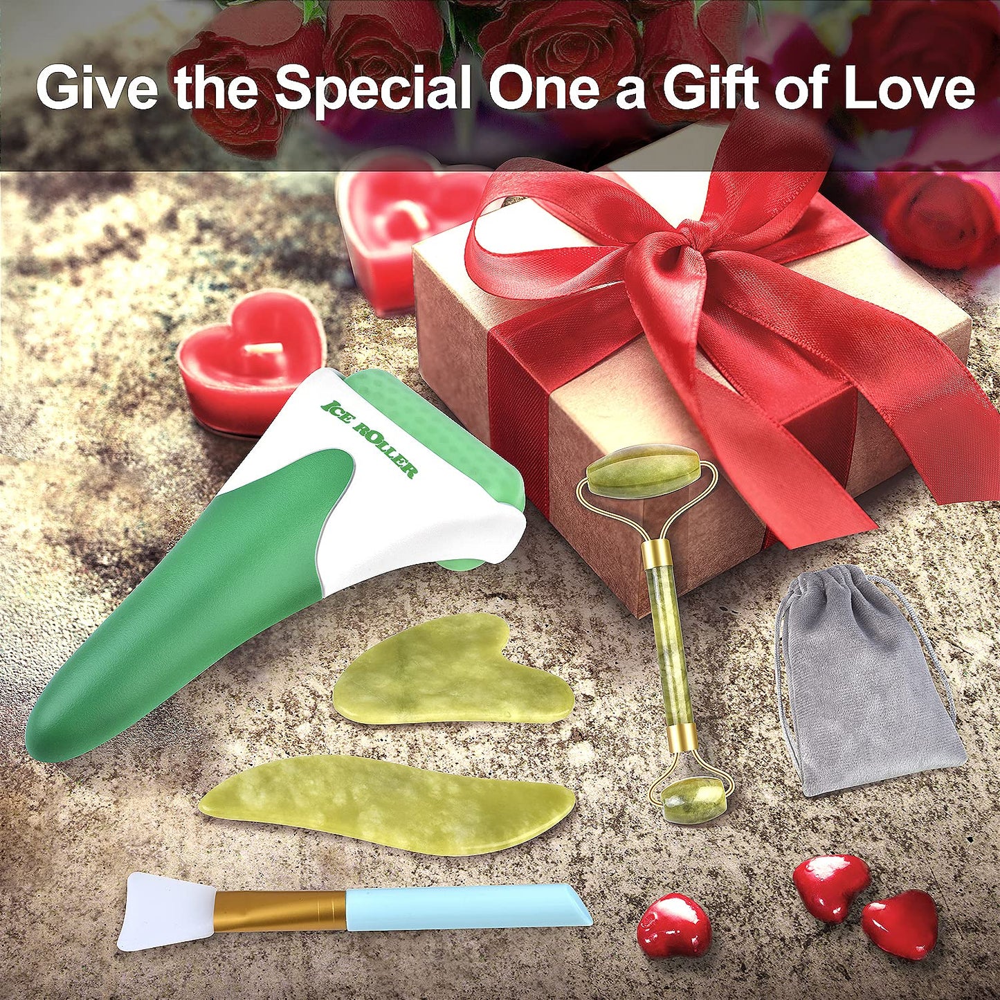 Charmonic 6 in 1 Ice Roller & Jade Roller and Gua Sha Set, Facial Massage Kits, Facial Roller Kit with Gua Sha Tool and Silicone Brush, Anti-Aging Jade Stone Massager for Face, Eyes, Neck Massage