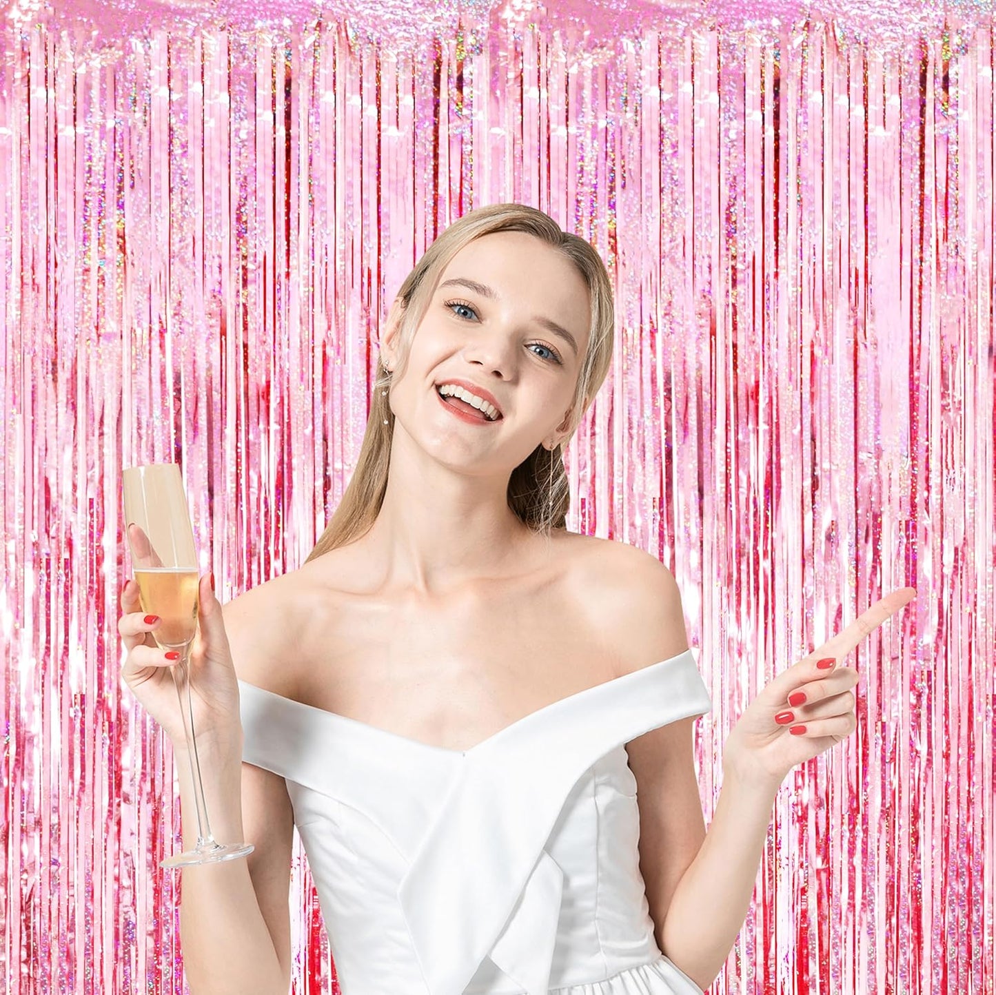 4 Pack 3.3x8.2 Feet Laser Pink Foil Fringe Backdrop Curtains, Tinsel Streamers Birthday Party Decorations, Fringe Backdrop for Graduation, Baby Shower, Gender Reveal, Disco Party