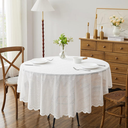 LinenZone Lace Round Tablecloth with Elegant Scalloped Bottom for Any Special Event Such as Wedding, Birthday Party, Baby Shower, Anniversary. Sits 6 to 8 People. (Linda 90 Round, Ivory)