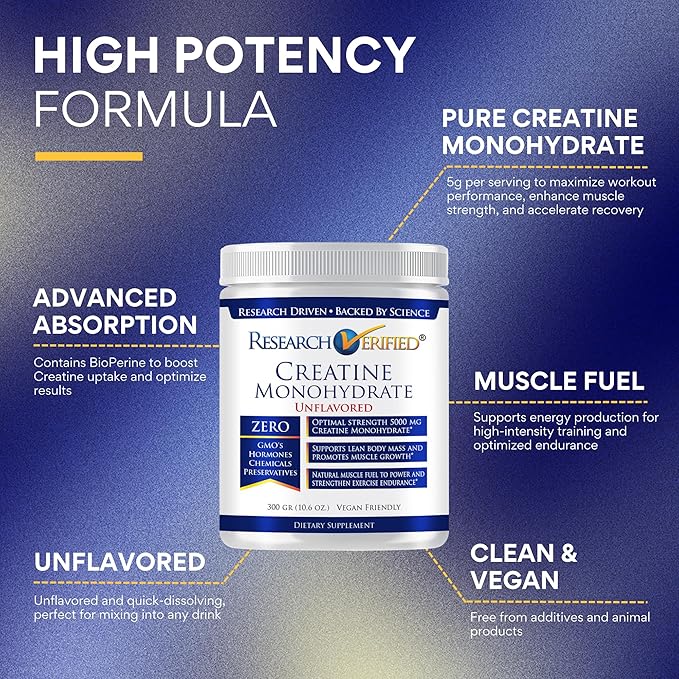 Research Verified Creatine Monohydrate - Support Optimal Muscle Growth, Enhance Performance - 5000mg Creatine Monohydrate - BioPerine - 60 Servings - Unflavored - Vegan