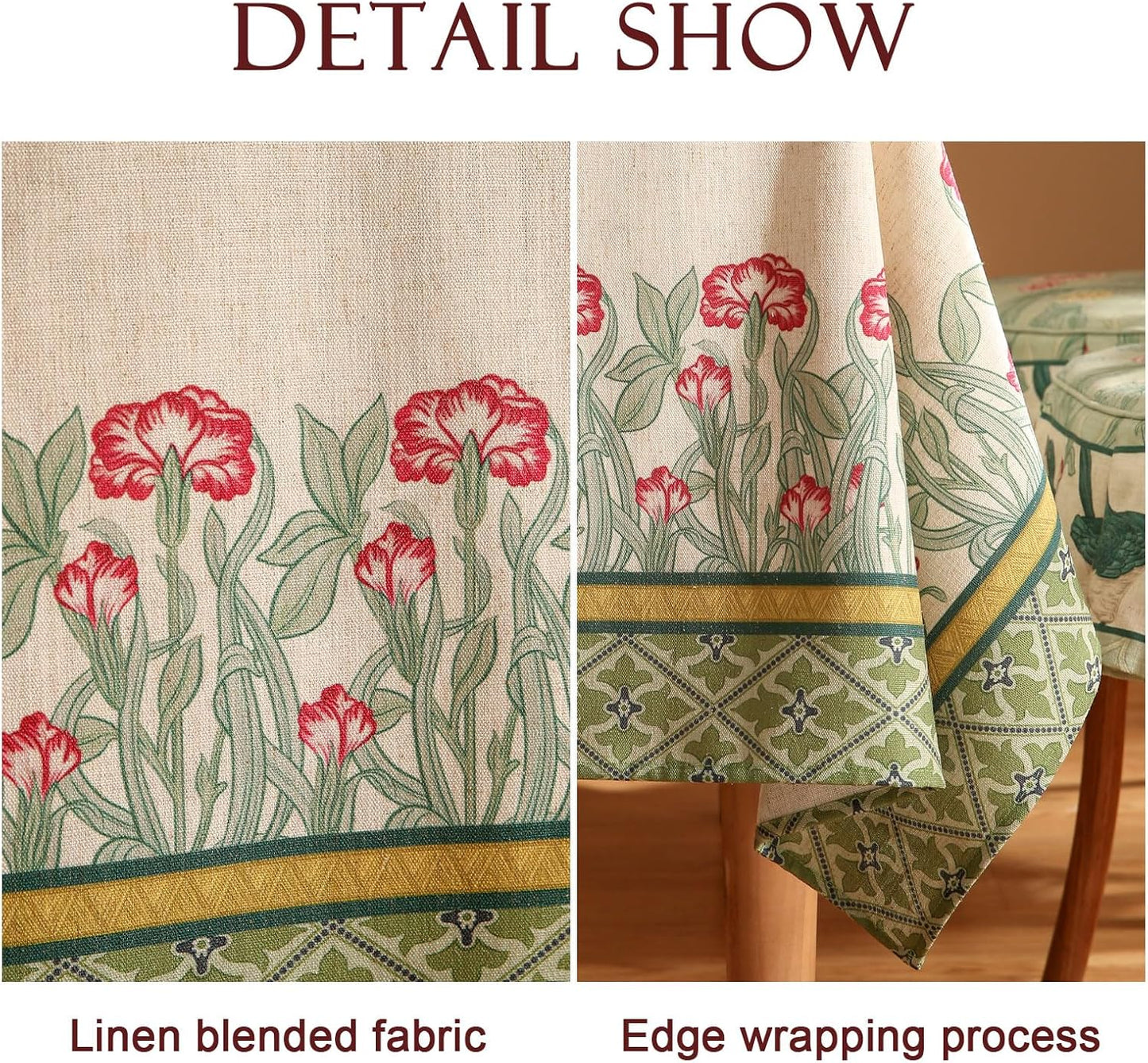 patdrea Designer Green Table Cloth for Square Table,Vintage Linen Leaves Pattern Breathable Tablecloth,Floral Cover Decor for Kitchen Dining Christmas,Thanksgiving,67"x67"-Cecilia D