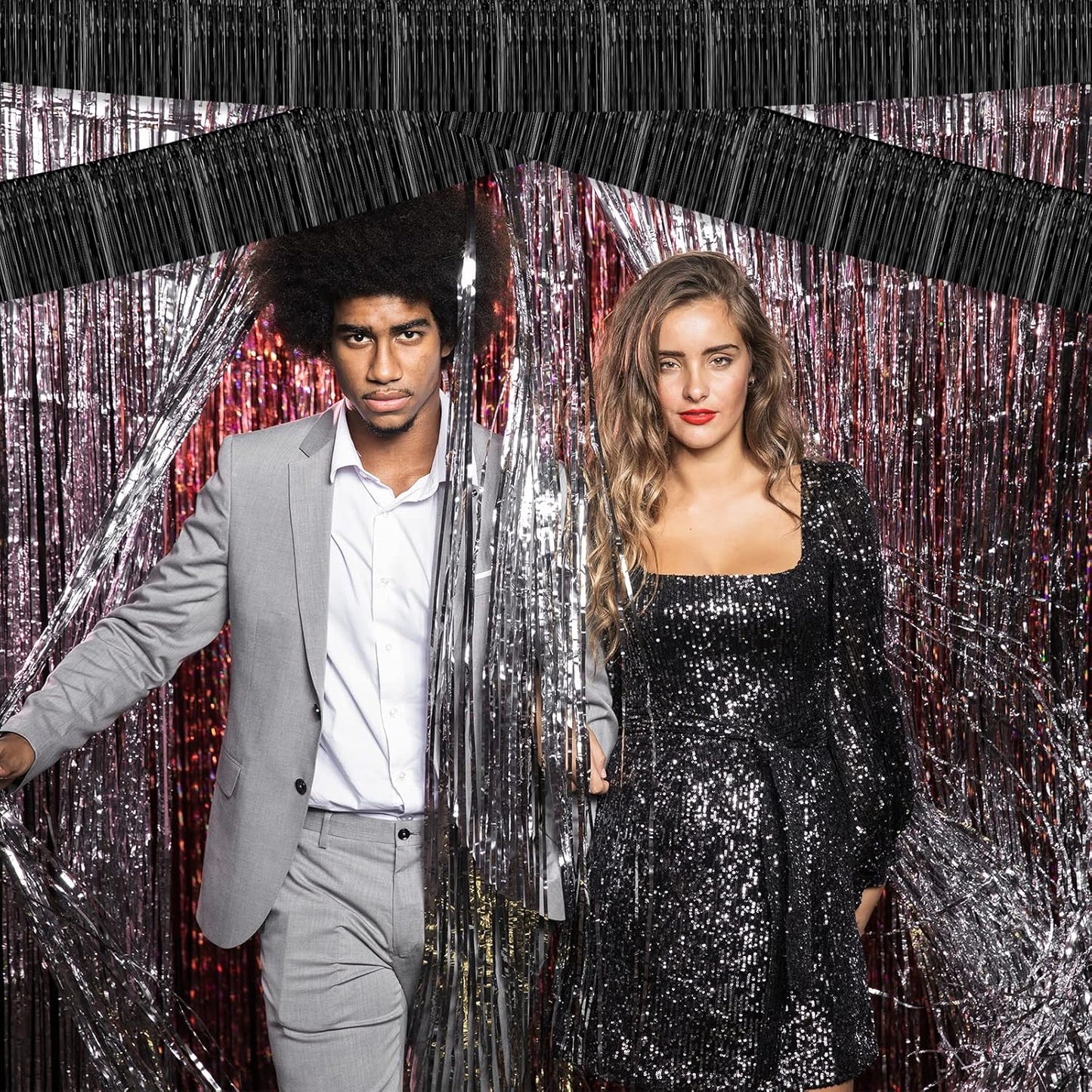 10 Pack 10 Feet Black Foil Fringe Garland Metallic Tinsel Streamers Banner Wall Hanging Curtain Backdrop for Parade Floats, Bachelorette, Wedding, Birthday, Halloween, Christmas Party Decorations