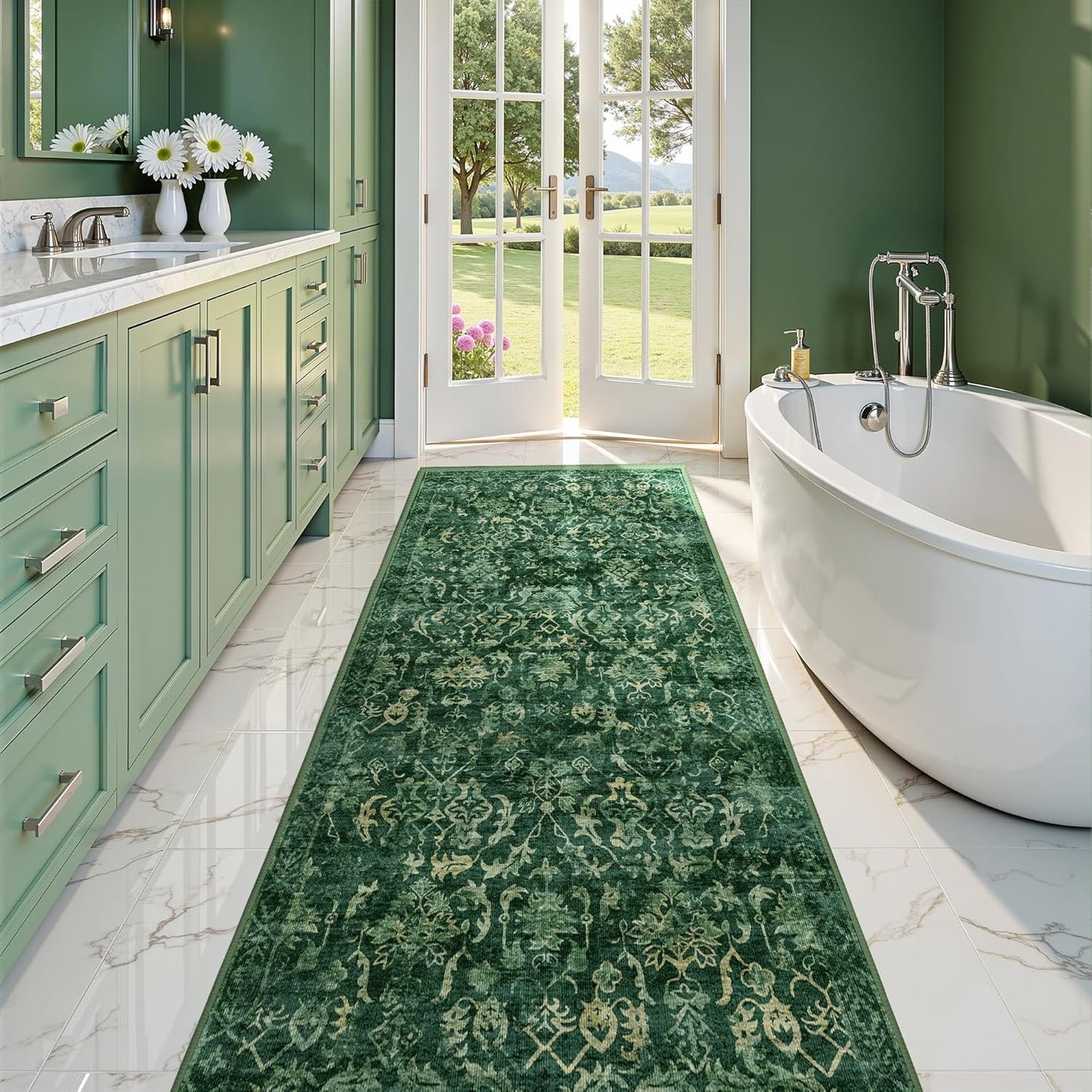 Dark Green 3x12 Runner Rug for Hallways Bed Side Kitchen, Boho Washable Distressed Low-Pile Floor Entryway Long Bathroom Mat, Non-Slip Laundry Room Front Carpet Green 36x144 Inch