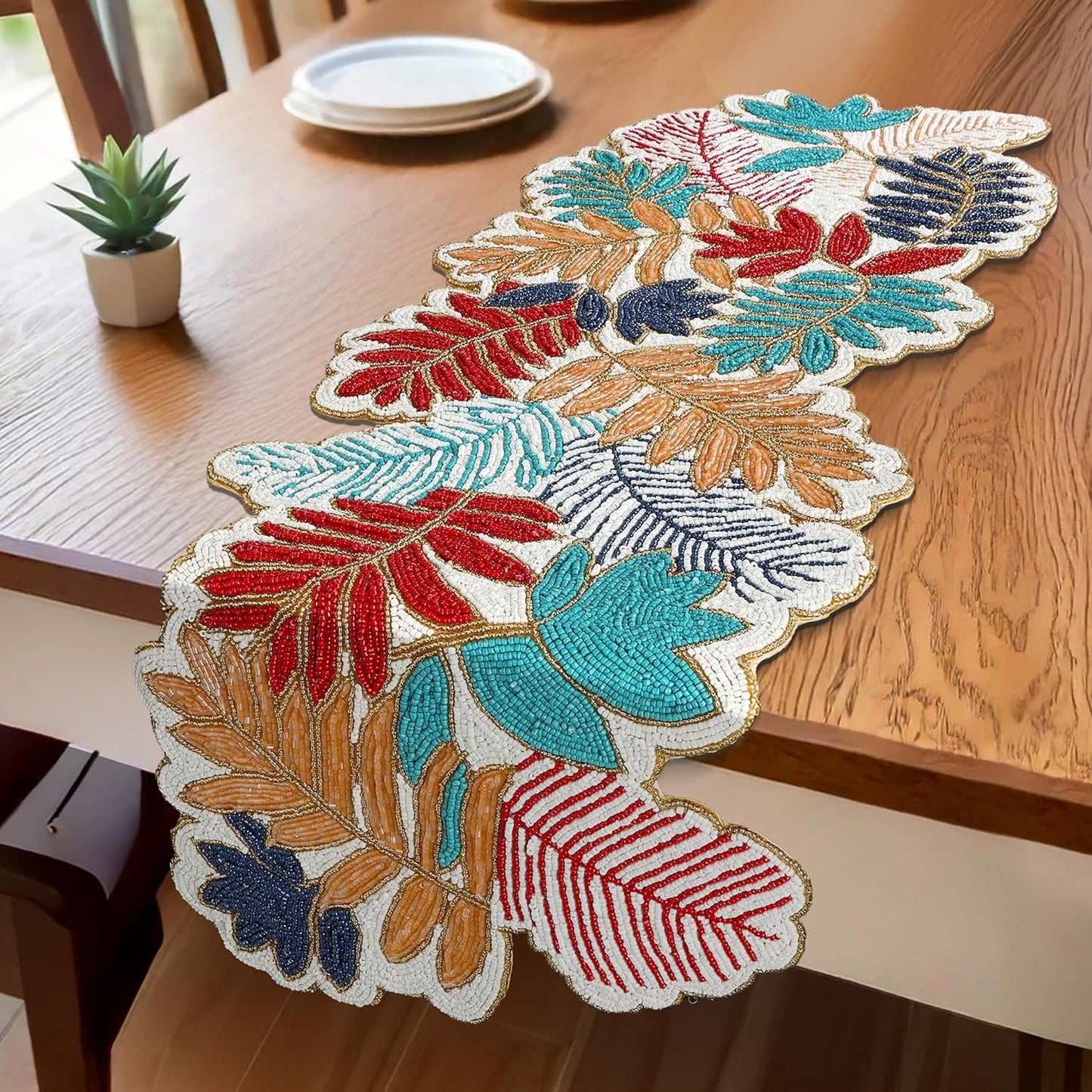 Beaded Table Runner 13x36 - Handmade Leaf Design, Glass Beads & Polyester Backing - Decorative Dining Table Centerpiece for Weddings, Parties, Thanksgiving, Christmas & Everyday Décor - CLEENTABLE