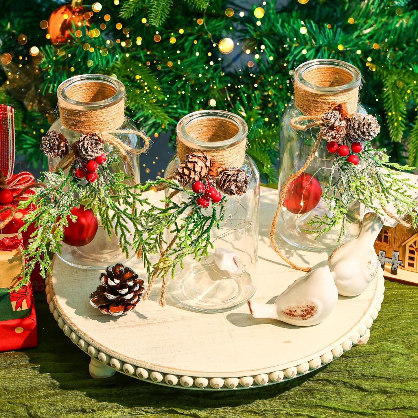 Set of 6 Xmas Decor Vases Christmas Centerpieces for Tables Farmhouse Holiday Table Decor Clear Glass Vases with Twine Ties for Christmas Decorations