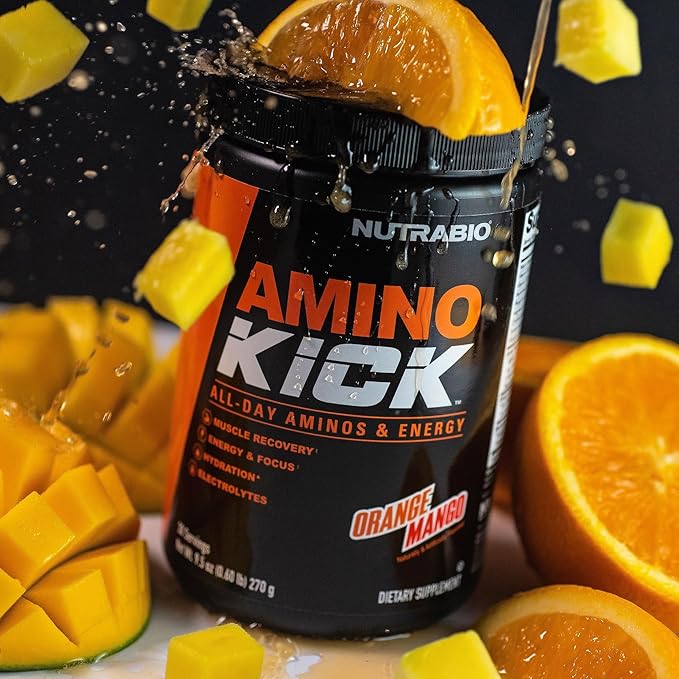 NutraBio Amino Kick – BCAA Powder with Natural Caffeine – Amino Acids Supplement for Energy, Hydration & Recovery – BCAAs, Electrolytes & Amino Acids – Orange Mango, 30 Servings