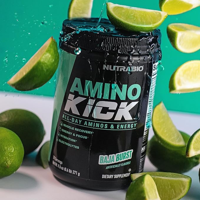 NutraBio Amino Kick – BCAA Powder with Natural Caffeine – Amino Acids Supplement for Energy, Hydration & Recovery – BCAAs, Electrolytes & Amino Acids – Baja Burst, 30 Servings