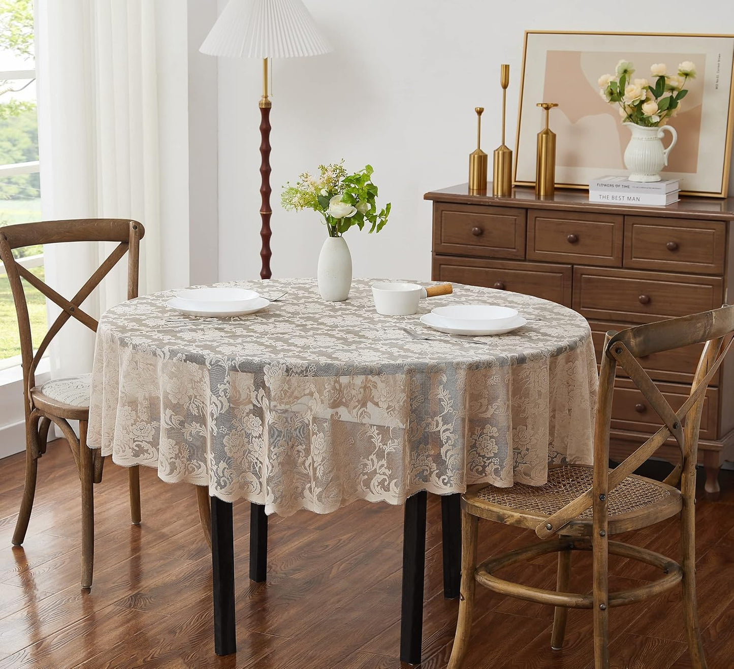 LinenZone Linen Round Tablecloth for Rustic Vintage Decor. Sheer Lace Works Great As Wedding, Thanksgiving or Christmas Tablecloth (Mia 48 Round, Linen)