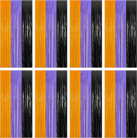 8 Pack Halloween Decorations Indoor, 3.28 FT x 7.05 FT Party Streamer, Orange Purple Black Streamer Backdrop Fringe Curtains Foil Tinsel, Halloween Party Supplies Hanging Halloween Decor