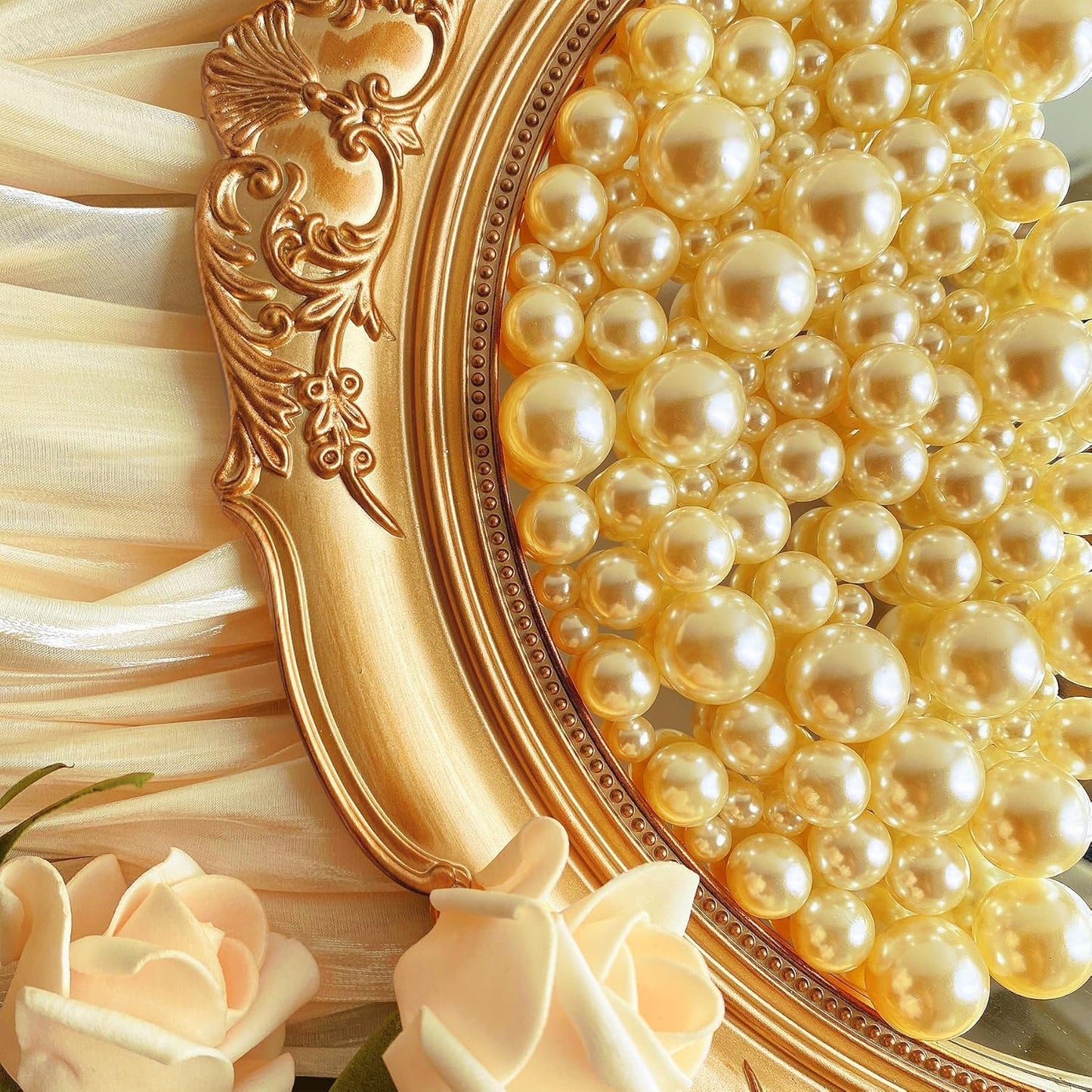 150Pcs Gold Polished No Hole Faux Pearl Beads for Vase Filling Decorations, Plastic Pearls Vase Fillers, Table Scatters, Wedding Centerpiece, Home Decor, 8/14/20 mm