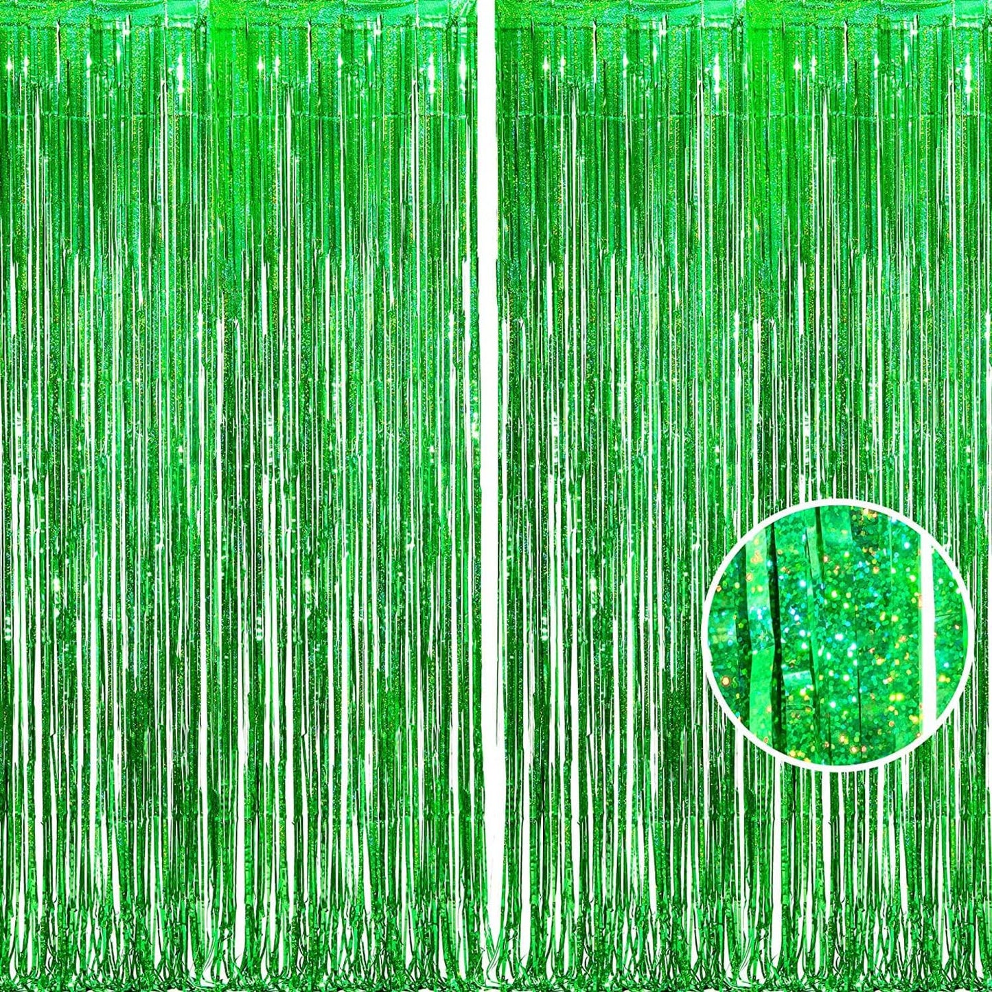 BRAVESHINE Green Metallic Tinsel Foil Fringe Curtains - 2 Pack 3.2 x 8.2 ft Metallic Photo Backdrop for Graduates-Theme/St Patricks Day/Hawaiian/Luau/Dinosaur/Jungle-Theme/Christmas Party Decorations