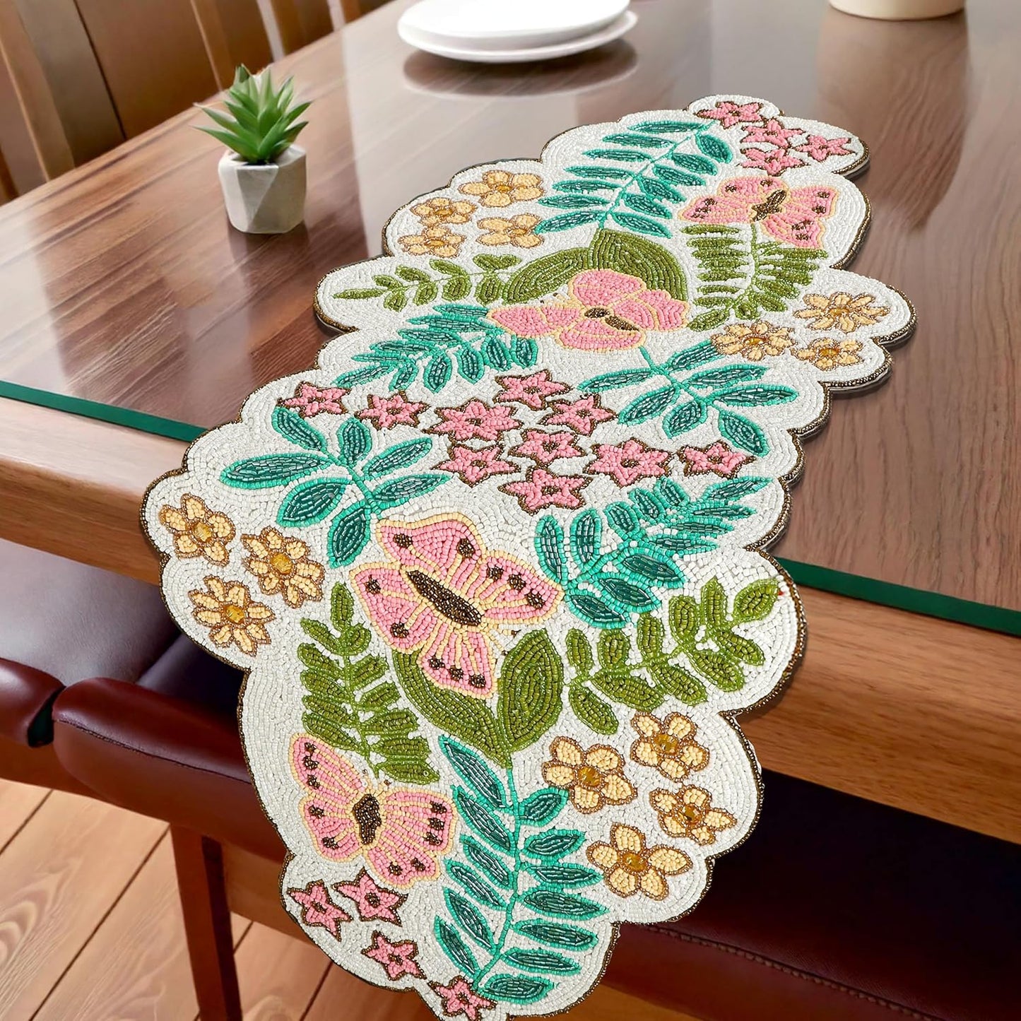 Handmade Beaded Table Runner -35 Inch Spring Floral Runner with Butterflies, Pink Flowers, and Green Leaves -Pastel Table Decor for Easter, Dining Room, Entryway, or Garden Party (Multi) - CLEENTABLE