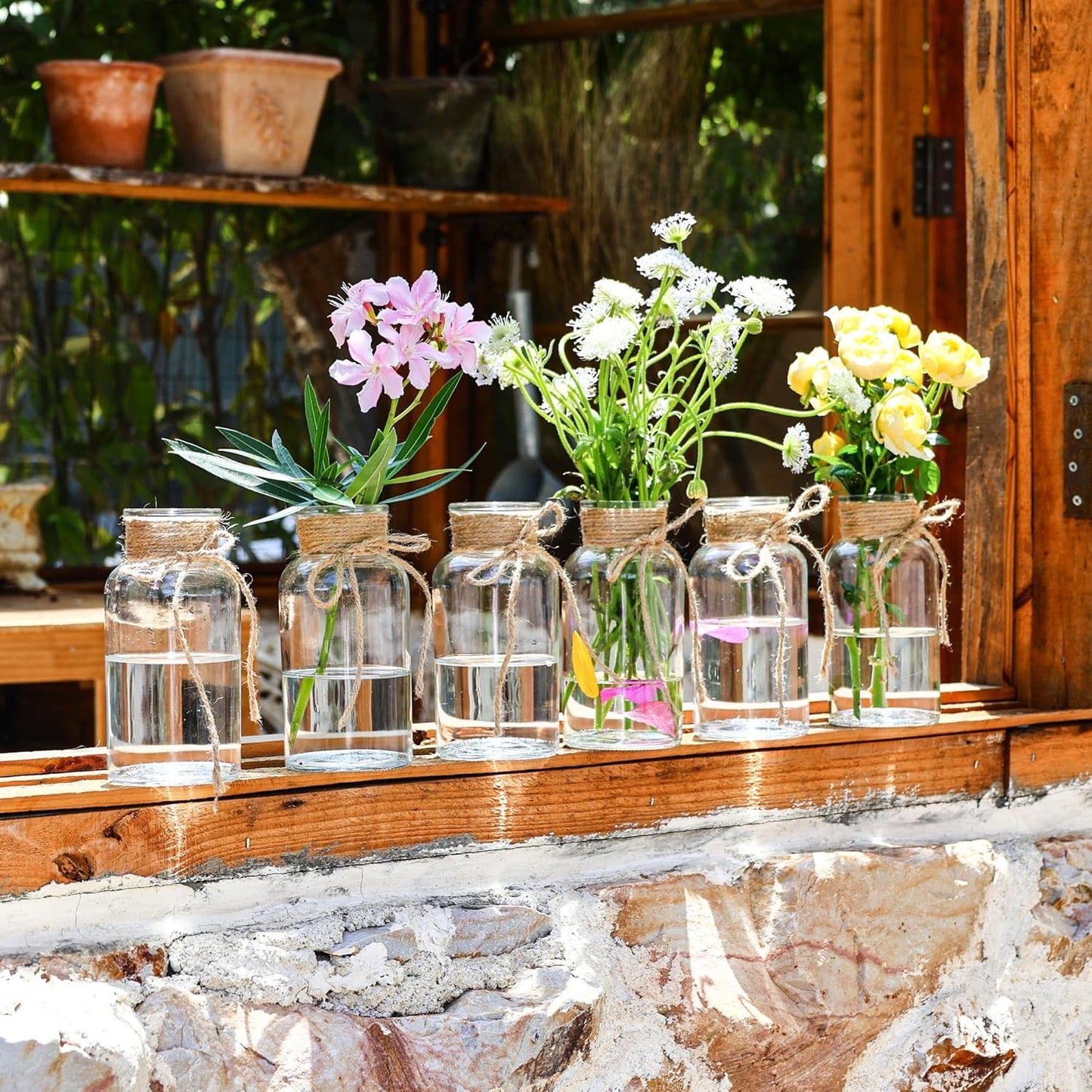 Set of 6 Vintage Glass Vases for Flowers Farmhouse Clear Glass Vases for Centerpieces Small Flower Vases with Twine Ties for Wedding, Parties & Home Decor