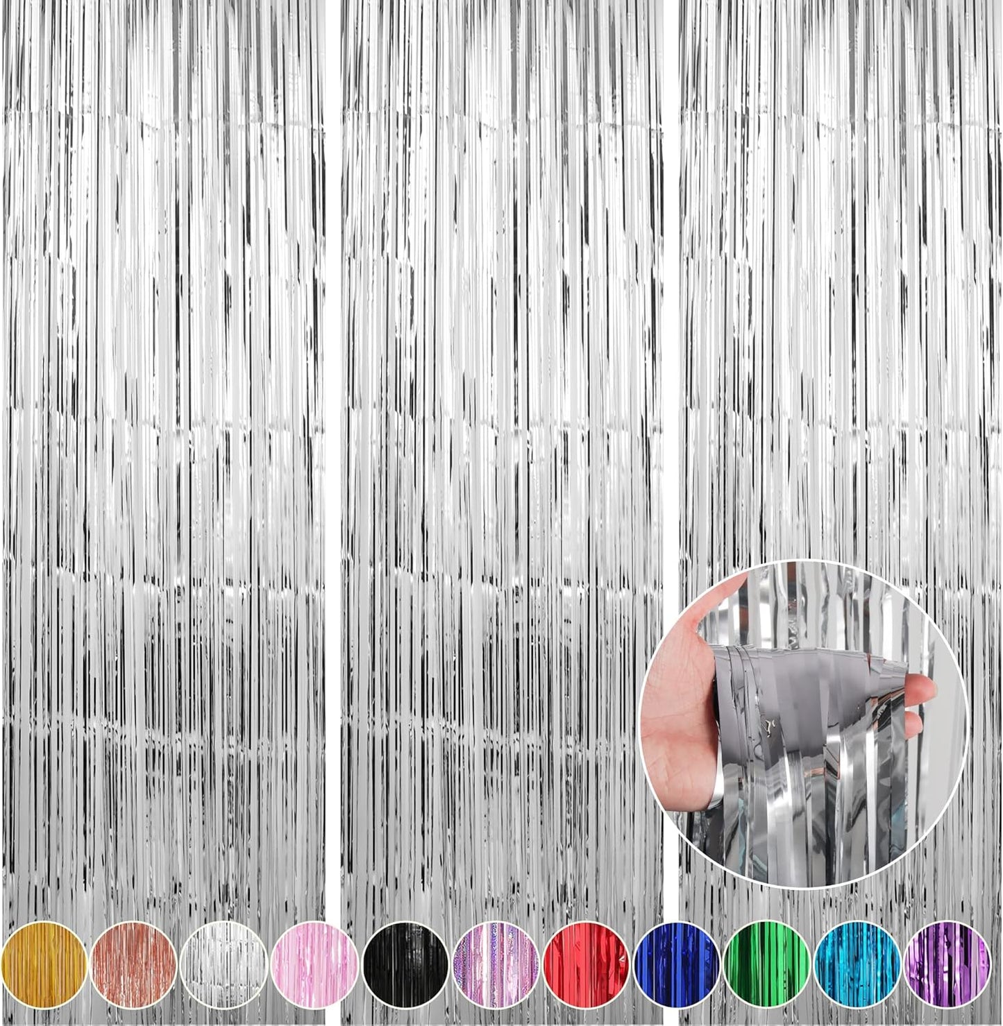 Crosize 3 Pack 3.3 x 9.9 ft Silver Foil Fringe Backdrop Curtain, Streamer Backdrop Curtains, Streamers Birthday Metallic Paper Party Decorations, Tinsel Curtain for Parties, Photo Booth Backdrops