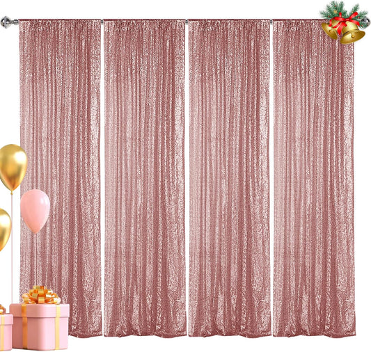 Hahuho Rose Gold Sequin Backdrop Curtain, 4PCS 2FTx8FT Glitter Backdrop Curtain for Parties, Christmas, Wedding, Party Decoration（4 Panels, 2FT x 8FT, Rose Gold