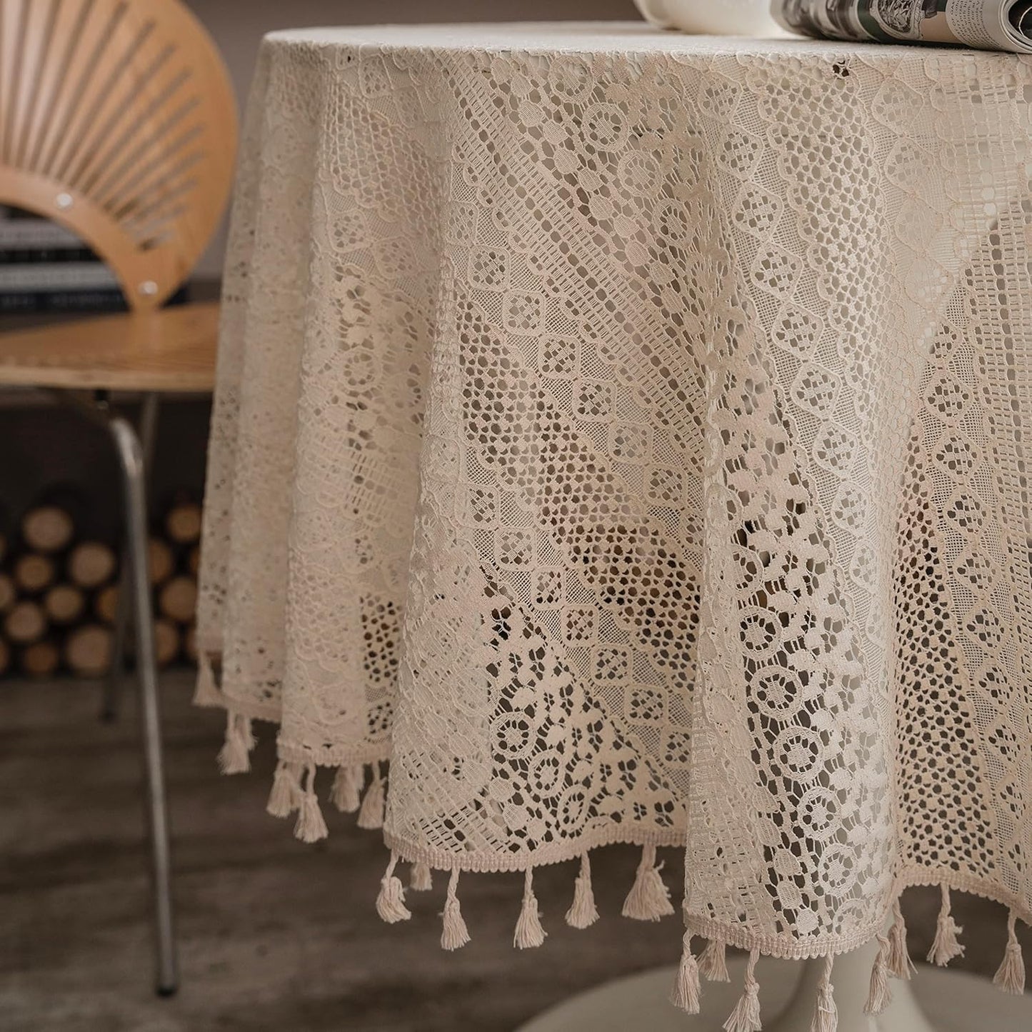 Beige Round Lace Tablecloths with Tassels, Washable Crochet Vintage Cotton Table Cover for Kitchen Dinner Wedding Party Banquet Décor, 59inch