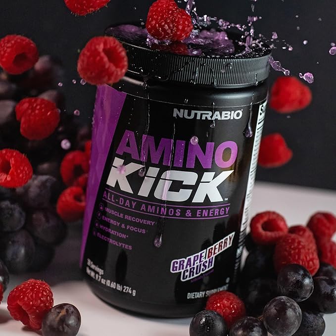 NutraBio Amino Kick – BCAA Powder with Natural Caffeine – Amino Acids Supplement for Energy, Hydration & Recovery – BCAAs, Electrolytes & Amino Acids – Grape Berry Crush, 30 Servings