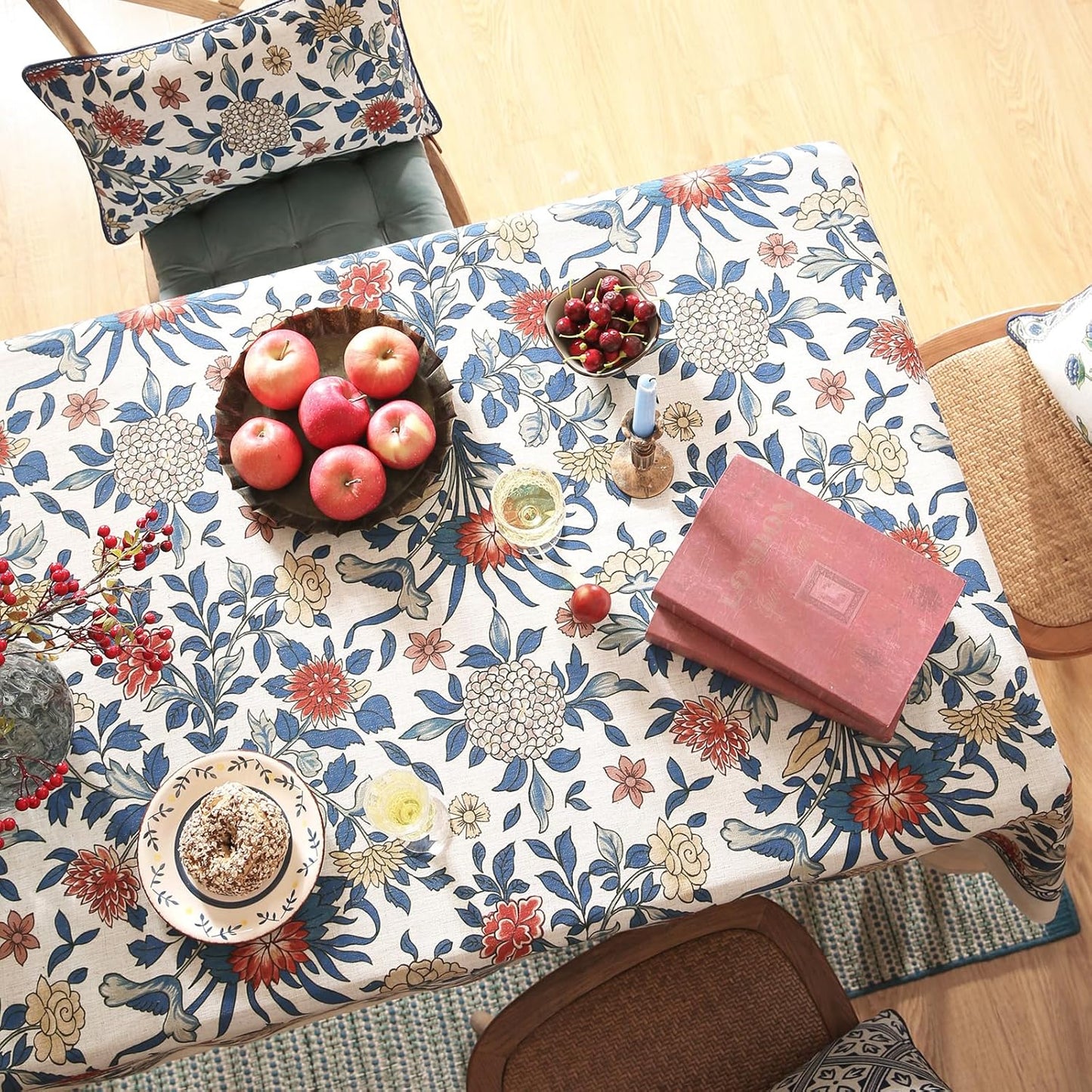 patdrea Designer Blue Tablecloth for Rectangle Table,Vintage Linen with Leaves and Floral Pattern Tablecloths,Farmhouse Decor Cover for Kitchen Dining Christmas,Thanksgiving,55"x79"-Ivar a