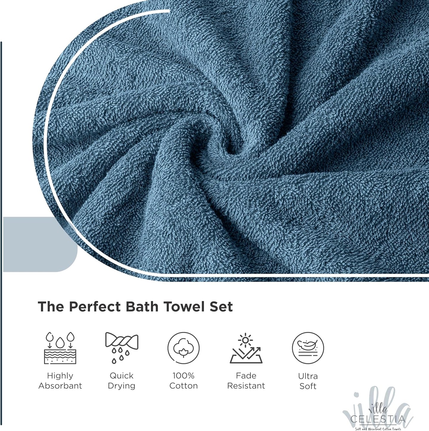 100% Cotton Bath Towel Set of 18-4 Bath Towels, 6 Hand Towels, 8 Wash Cloths, Sustainable, Soft, Highly Absorbent, Combed Cotton 18 Piece Set for Hotels, Spa, Bathroom, Dorm, Blue