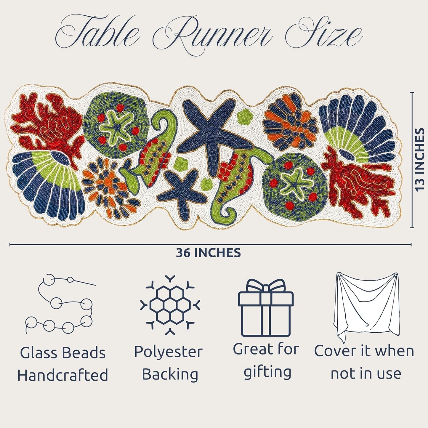 Handmade Beaded Coastal Table Runner -36" Ocean Theme Table Decor with Starfish, Seahorse, Coral, Shells -Nautical Table Centerpiece for Summer, Beach House, or Tropical Décor (Multi) - CLEENTABLE