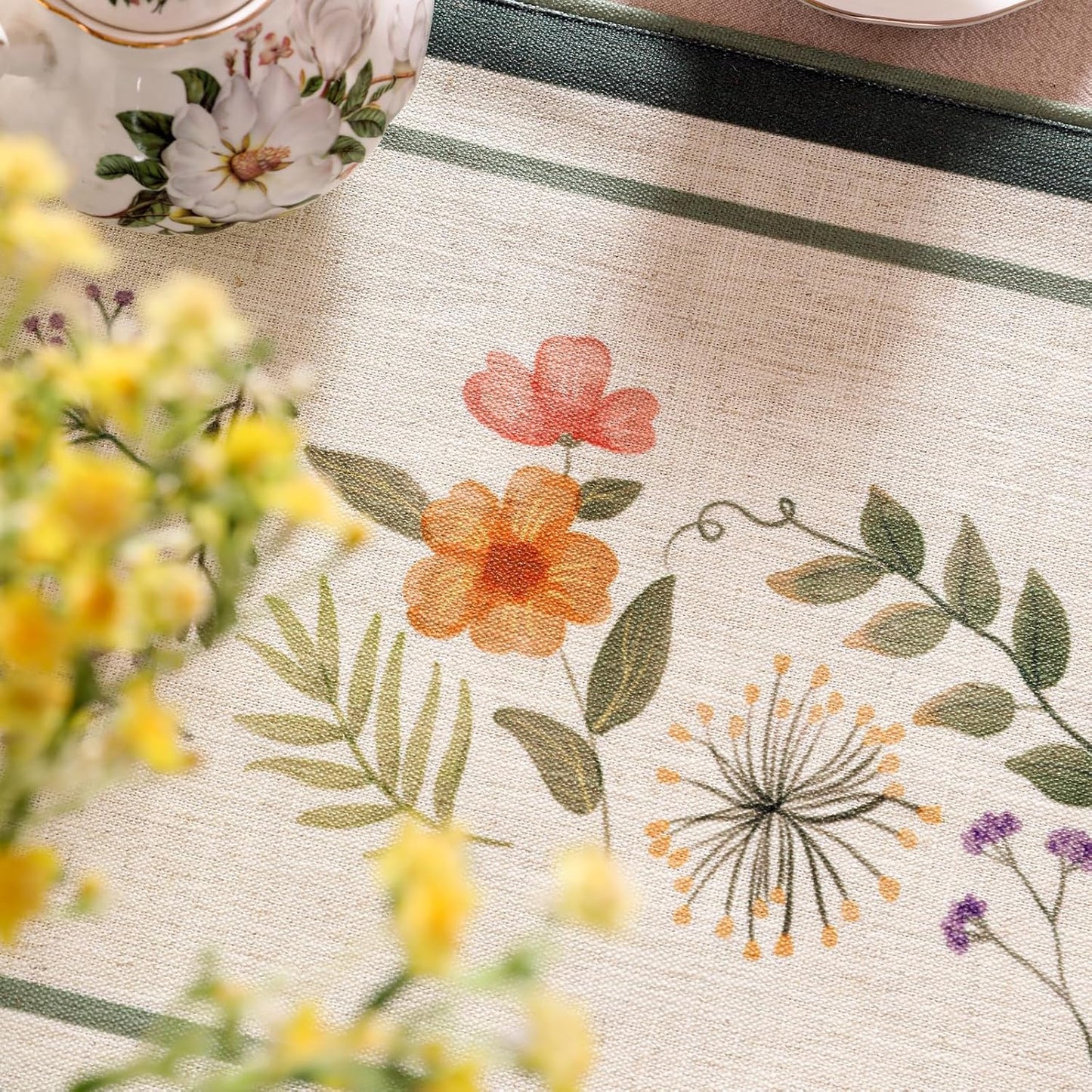 Designer Linen Small Table Runner,French Farmhouse Shabby Chic Floral Pattern 63 Inches Long Wrinkle Free Table Runners,Decor Tabletop for Kitchen,Dining,Party,Home,Christmas,12"*63"