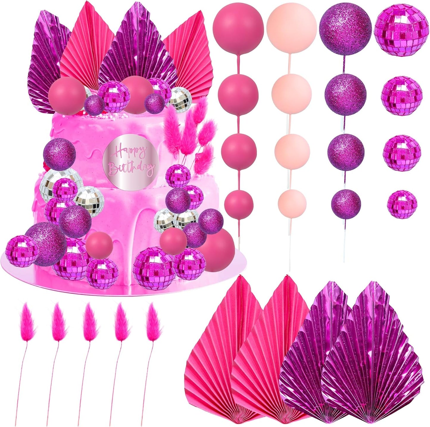 Ephlyn 33 Pack Balls Cake Toppers Boho Palm Leaves Cake Decorations Round Acrylic Happy Birthday Cupcake Toppers for Birthday Wedding Baby Shower Party Supplies Rose Red