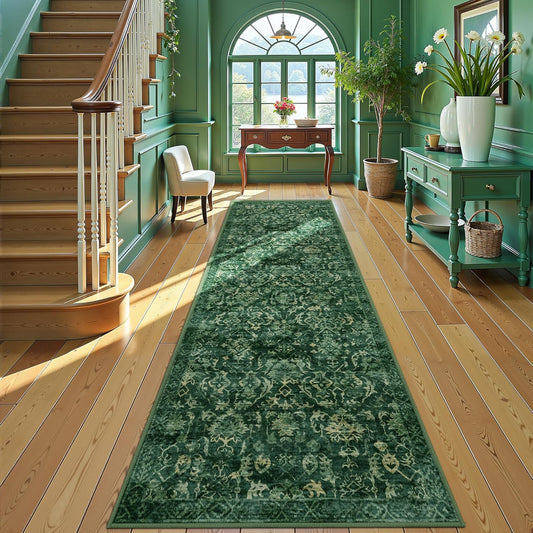 Dark Green 3x12 Runner Rug for Hallways Bed Side Kitchen, Boho Washable Distressed Low-Pile Floor Entryway Long Bathroom Mat, Non-Slip Laundry Room Front Carpet Green 36x144 Inch