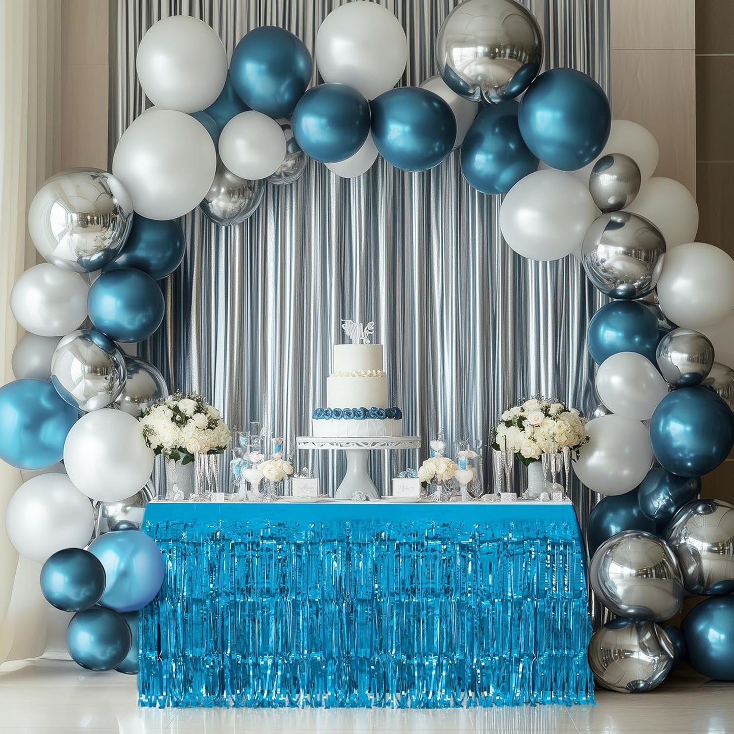 8 Pack Lake Blue Table Skirts, 29x108" Metallic Foil Tinsel Fringe Table Skirts for Rectangle Tables Streamer Curtains Backdrop, Party Decorations for Birthdays Weddings Holidays