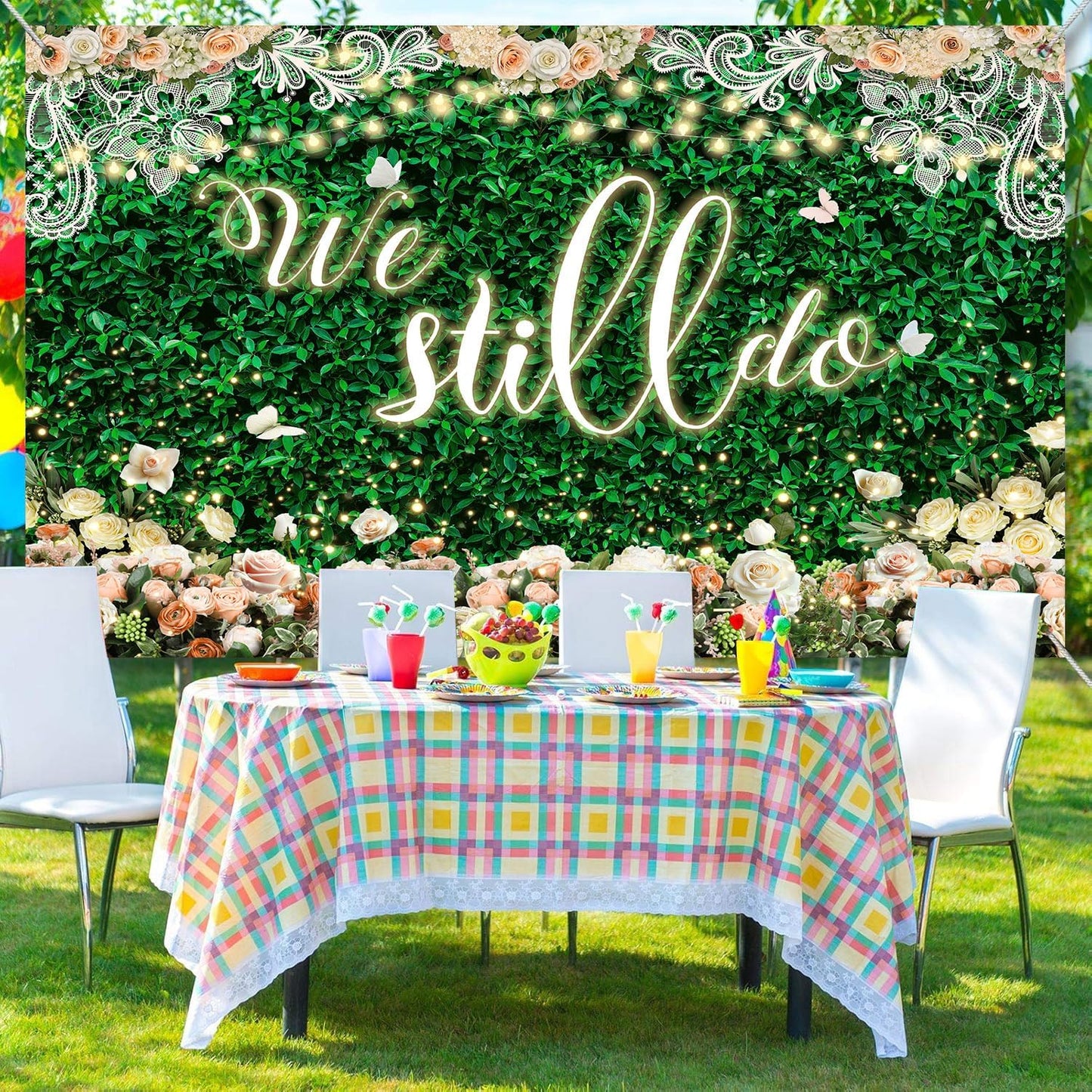 We Still Do Backdrop Green Leaves Lace Wedding Anniversary Photography Background Engagement Vow Renewal Bachelorette Party Decoration Banner Photo Booth Studio Props 7x5ft FU032YL