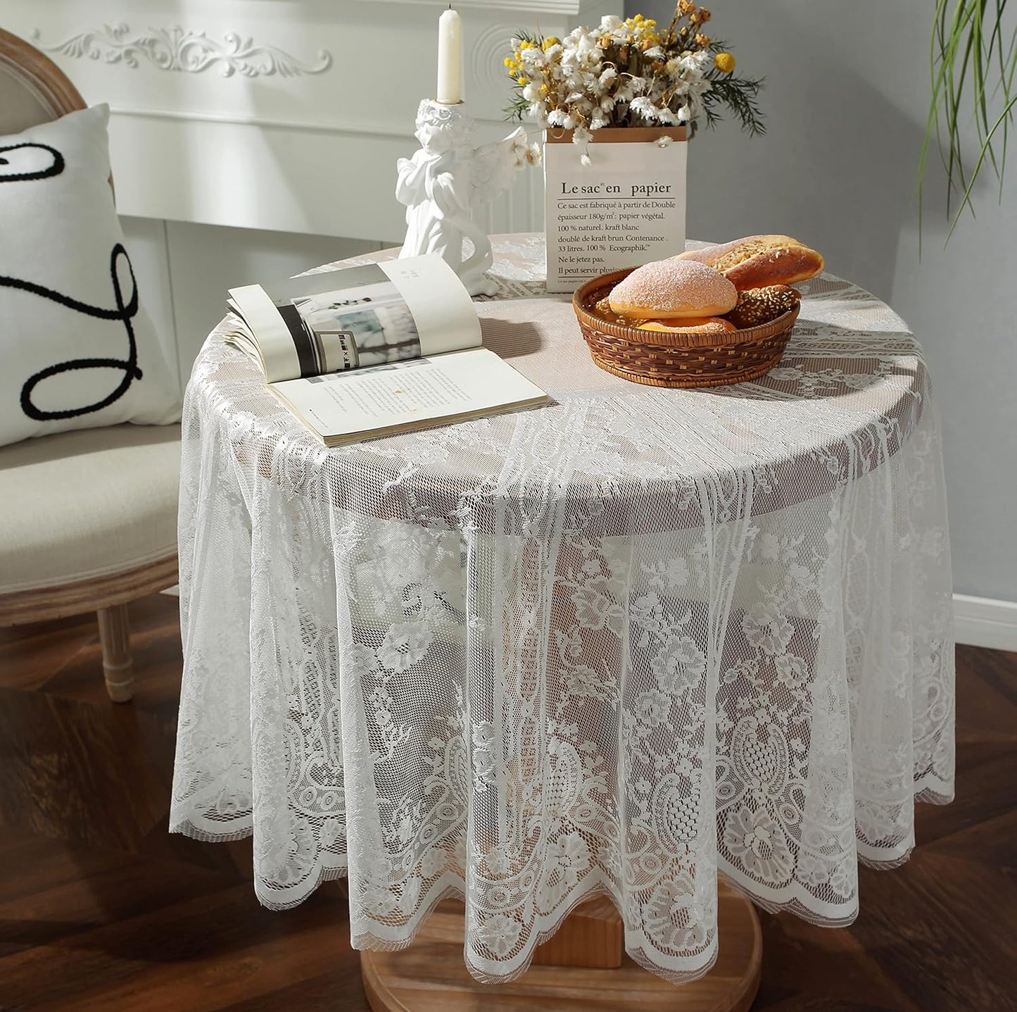 Gorgeous Round Lace Tablecloth,Vintage Floral Embroidered Table Cloths, Chic Round Table Cover for Wedding Banquet HolidayDinner Tables 60INCH (White)