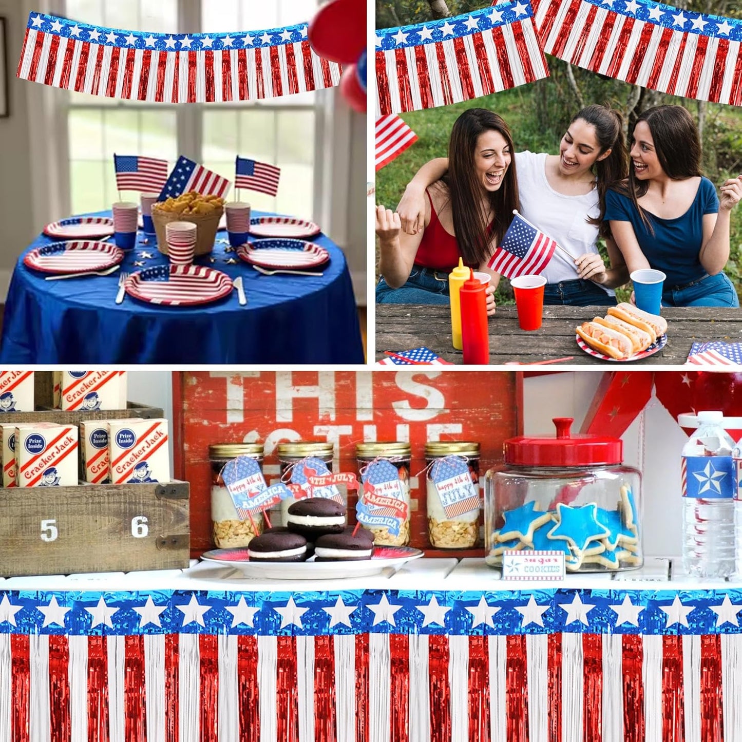 BEISHIDA 3 Packs Metallic Foil Fringe Garland Star Red White Blue Wall Hanging Tinsel Fringe Banners for Car Floats 4th of July Memorial Day Patriotic New Year Party Decoration(30 Feet)