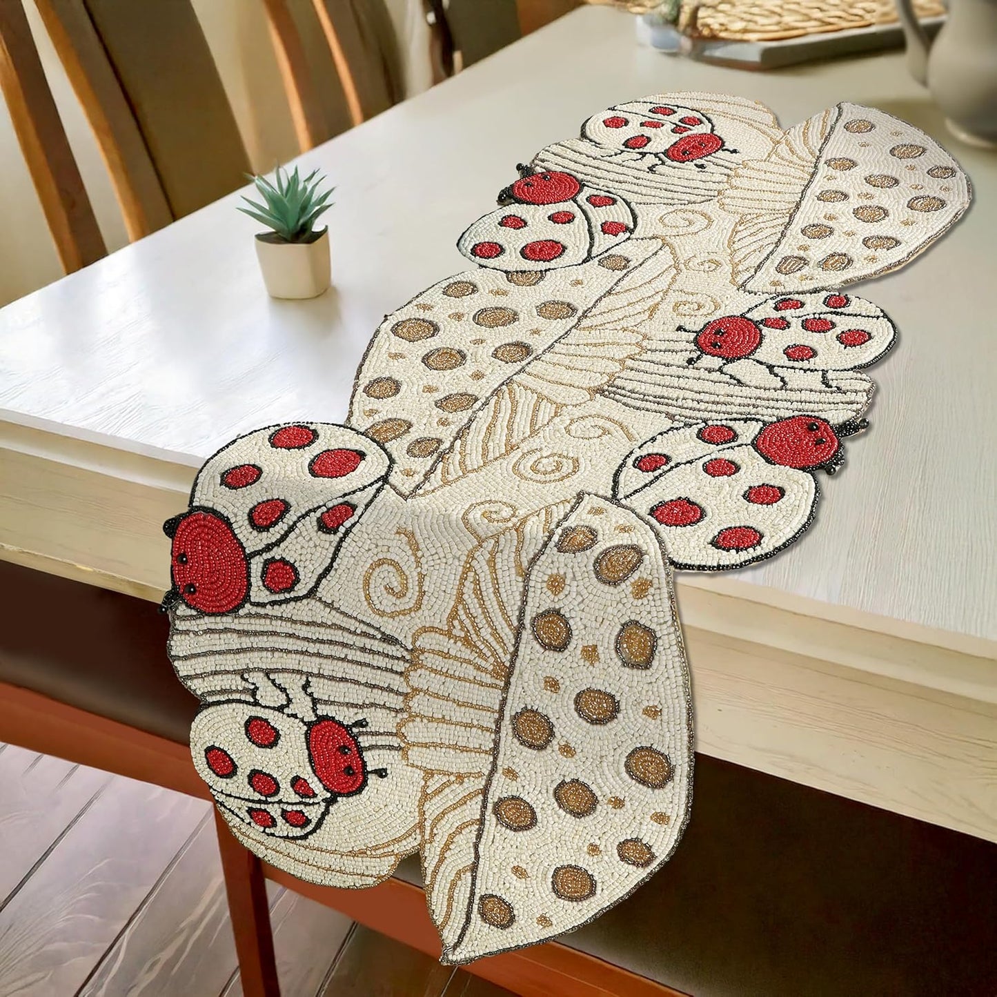 Beaded Table Runner Decorative Glitz Table Runner - 13x36” Handcrafted Runner for Winter Holiday, Kitchen, Dining Table, Spring Décor, Dining Table, Coffee Table or Entryway (Red Ivory) - CLEENTABLE