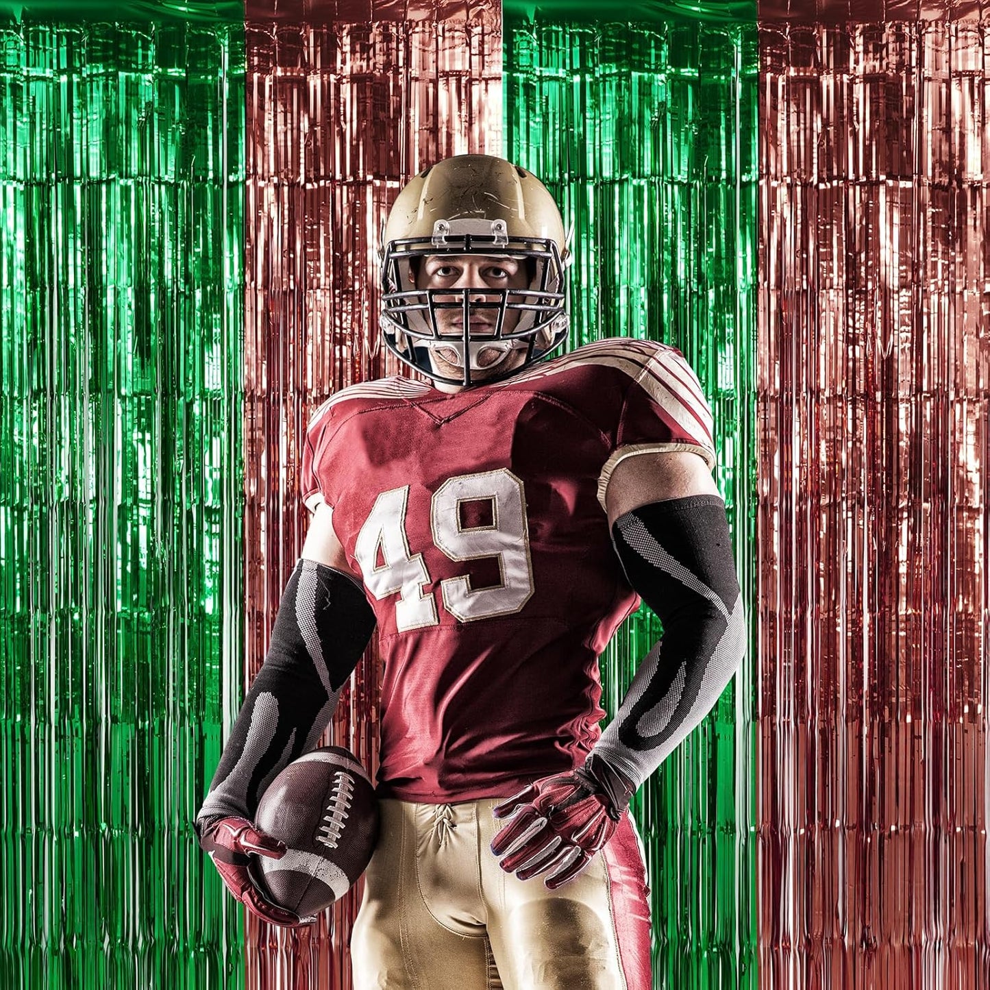 3 Pack 3.3x6.6Ft Superbowl Football Foil Fringe Curtain Backdrop Decorations, Dark Green and Brown Metallic Tinsel Foil Streamers Curtain Photo Background for Superbowl Sports Football Birthday Party