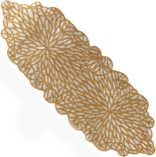 Metallic Bead Table Runner 13x36 Inches - Glass Beaded & Polyester Handcrafted Nautical Decor for Weddings, Christmas & Home Gatherings - Stain Resistant Dining Décor Accent (Gold) - CLEENTABLE
