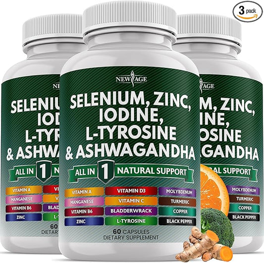 Selenium, Zinc, Iodine, L Tyrosine, Ashwagandha - Thyroid Support Supplement for Women and Men with Bladderwrack, Turmeric, Silica Kelp, Schisandra - 60 Count (Pack of 3)